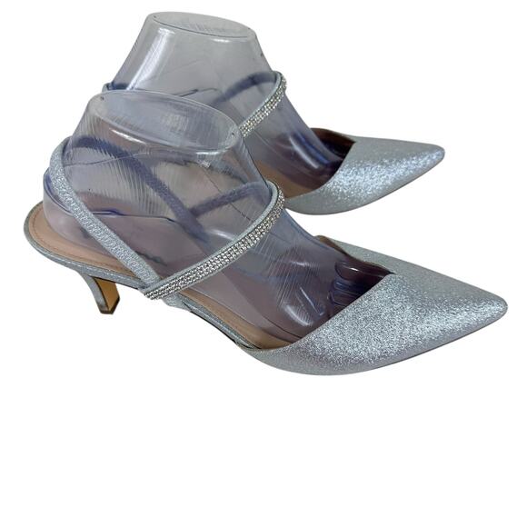 Nina Silver Glitter Shimmer Pointed Closed Toe Rhinestone Strappy Heels Size 11 - Picture 2 of 9